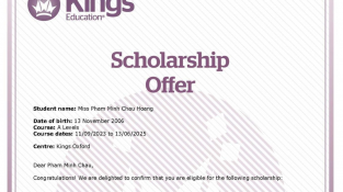 Thêm học sinh Dream World có học bổng 50% từ THPT Kings Oxford (Anh)